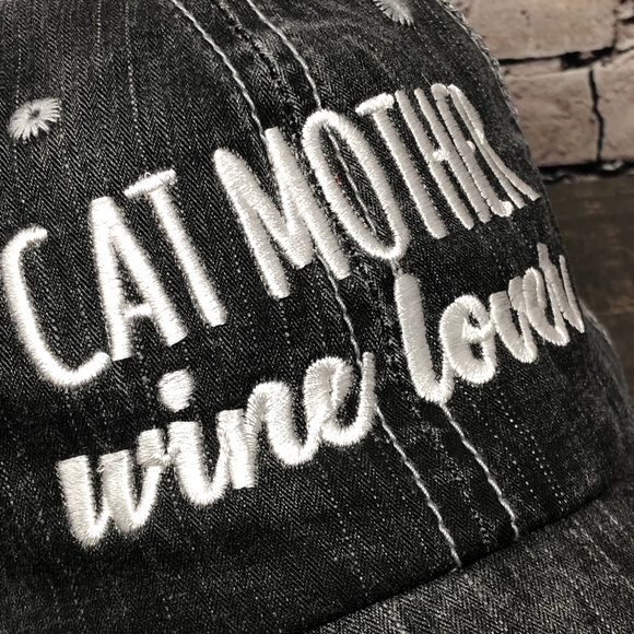 "Cat Mother Wine Lover" Embroidered/Distressed Cap - Picture 2 of 7